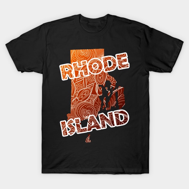 Colorful mandala art map of Rhode Island with text in brown and orange T-Shirt by Happy Citizen